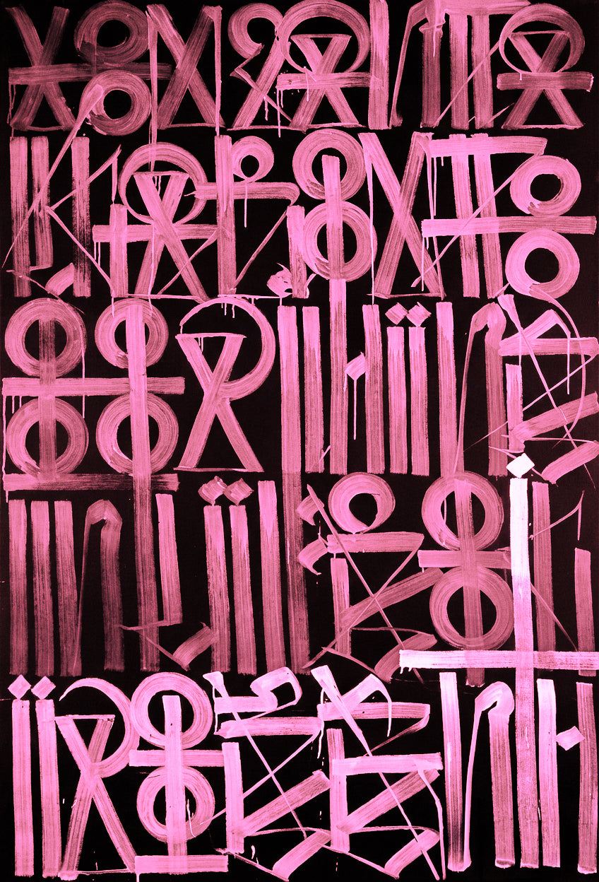 Abstract symbol artwork in pink on black background colour variant close view