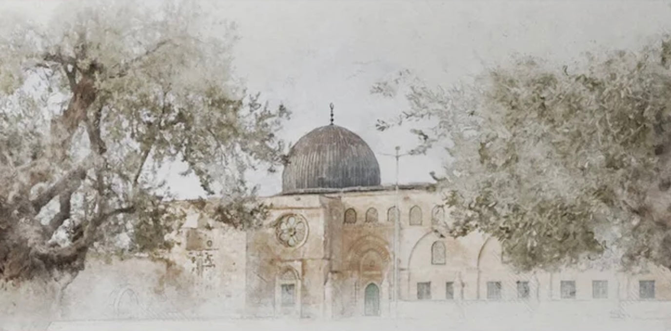 Al-Aqsa Mosque with Olive Trees – Watercolor Architectural Landscape