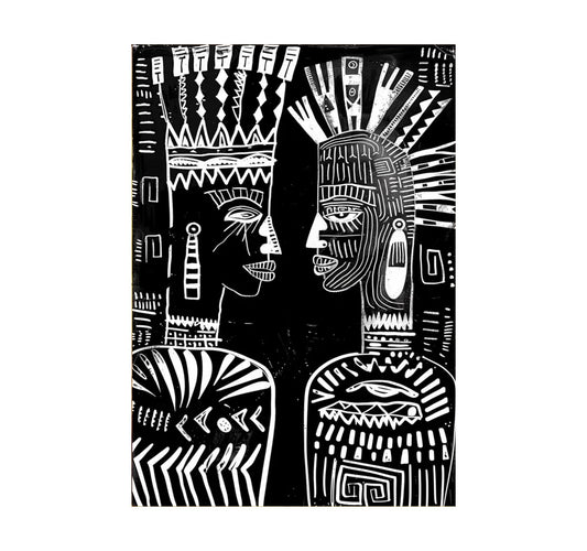 Black and white illustration of two stylized figures with intricate patterns on a black background