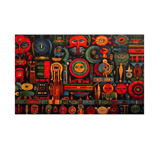 Colorful abstract pattern with various shapes and designs on a black background