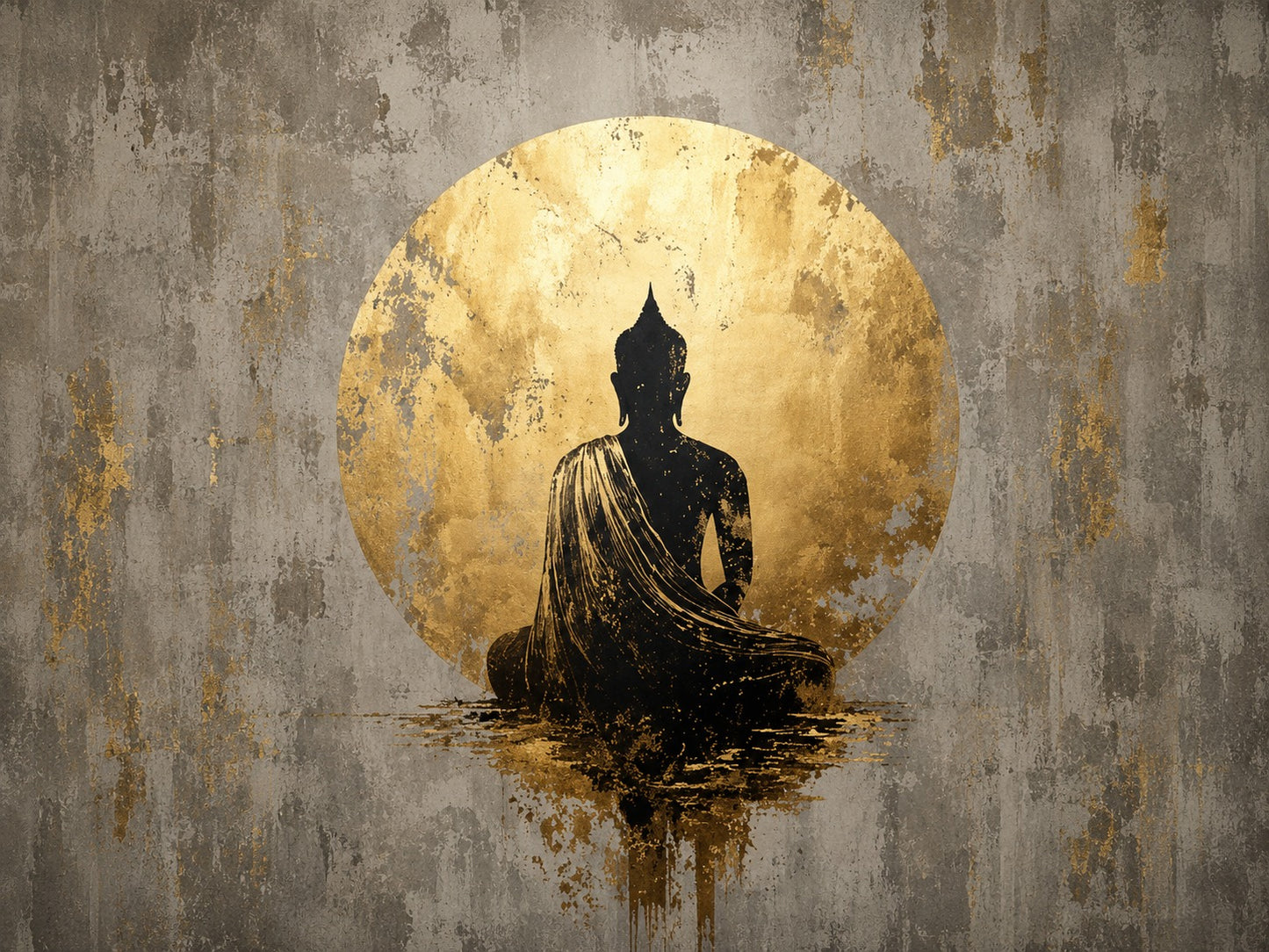 Silhouette of a Buddha figure against a gold circle on a textured gray background