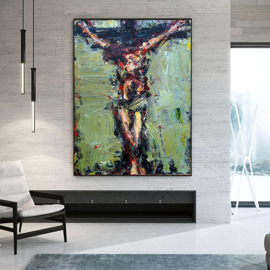 Abstract painting of a crucifixion in a modern living room.
