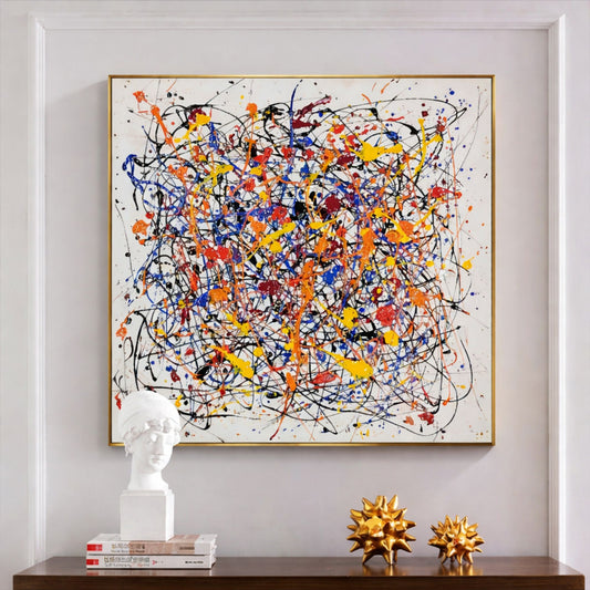 Multicolour abstract drip painting with blue yellow and red splashes in modern interior