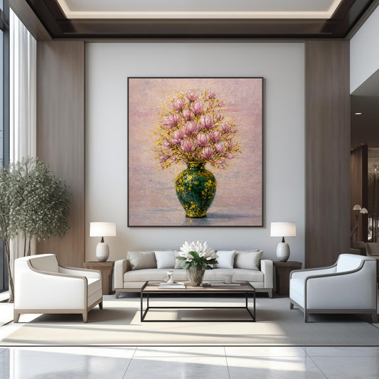 Pink Magnolia Vase Painting with Gold Leaf Art