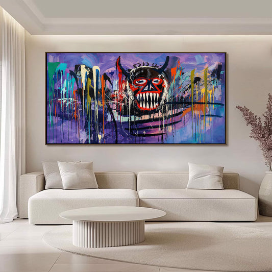 Modern living room with a colorful abstract painting on the wall above a white sofa.
