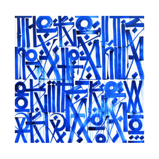 Graffiti White & Cobalt Blue Calligraphic Canvas – Hand-Painted Square Wall Art