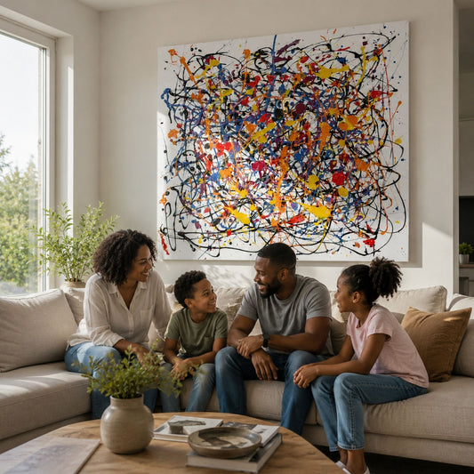 A happy family sitting on a modern living room sofa beneath a large colorful abstract expressionist painting, showcasing contemporary hand-painted wall art in a bright, naturally lit home.