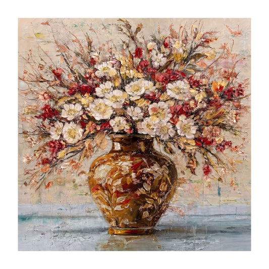 Hand-painted abstract floral painting framed on white background, highlighting amber vase details and textured floral composition