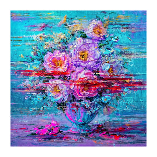 Hand-painted abstract floral artwork framed on white background showing turquoise tones, vibrant flowers and expressive texture