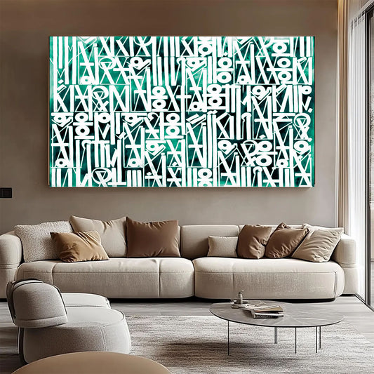 Abstract art piece on a wall above a sofa in a living room