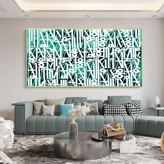 Abstract artwork with geometric patterns in a modern living room.