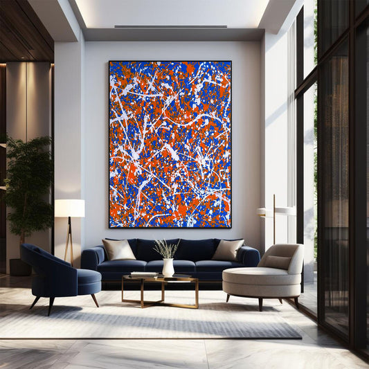 Large Pollock Inspired Blue Orange Abstract Painting | Hand Painted Wall Art