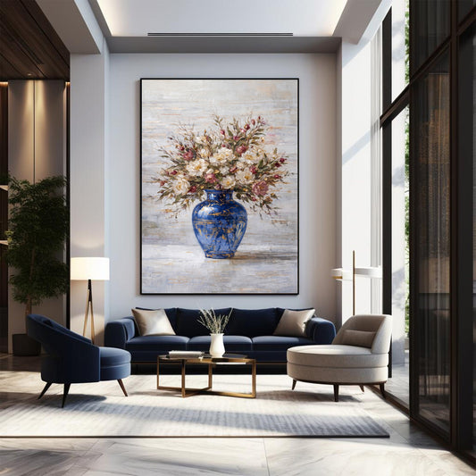 Blue Vase Peony Floral Painting Textured Luxury Wall ArtBlue Vase Peony Floral Painting Textured Luxury Wall Art
