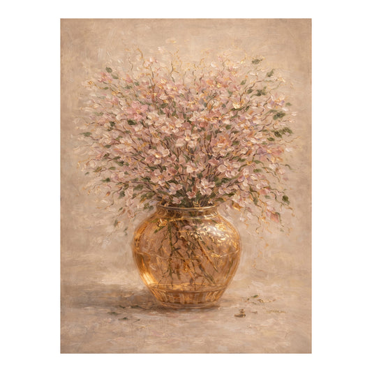 Blush Pink Floral Painting Gold Vase Textured Wall Art