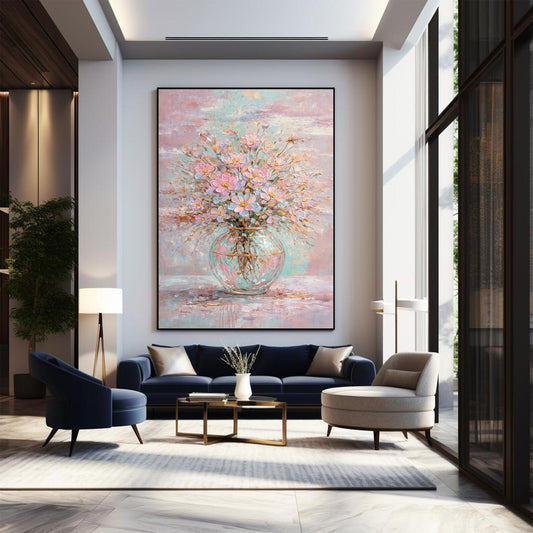 Pastel Floral Painting Pink Blue Glass Vase Wall Art