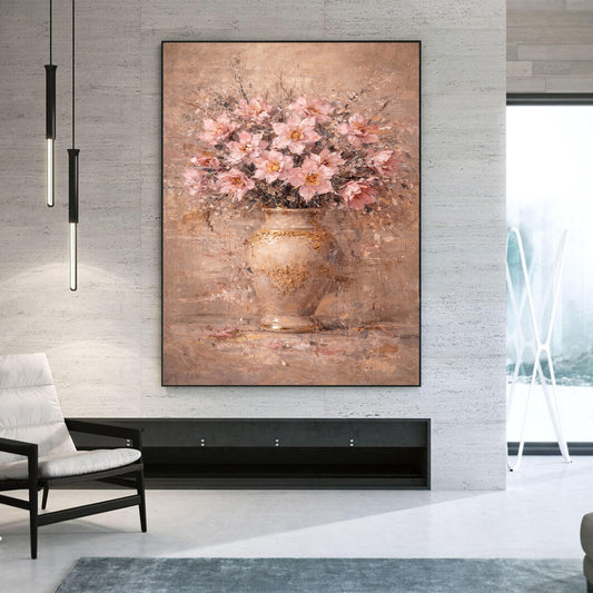 Blush Pink Peony Floral Painting Gold Vase Wall Art