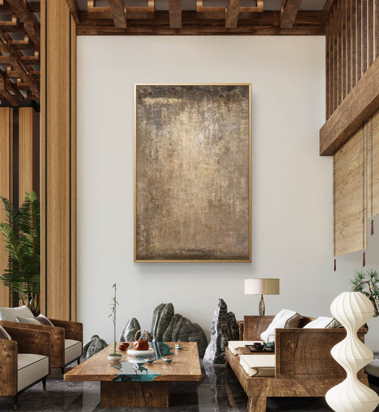 Room mockup showing brown and beige mottled abstract surface with a softly brighter centre and darker charcoal edges.
