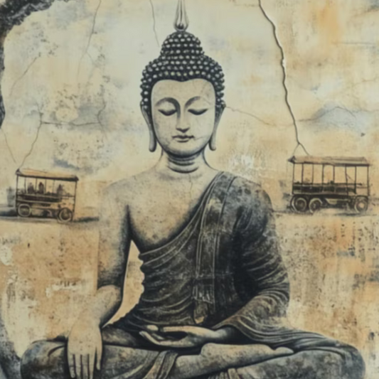 Close-up of the meditating Buddha with muted architectural details behind.