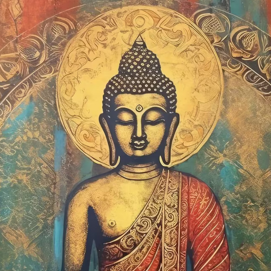 Close-up of the Buddha’s head and decorative gold-toned mandala.