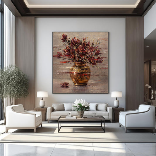 Burgundy Floral Painting Gold Vase Textured Wall Art