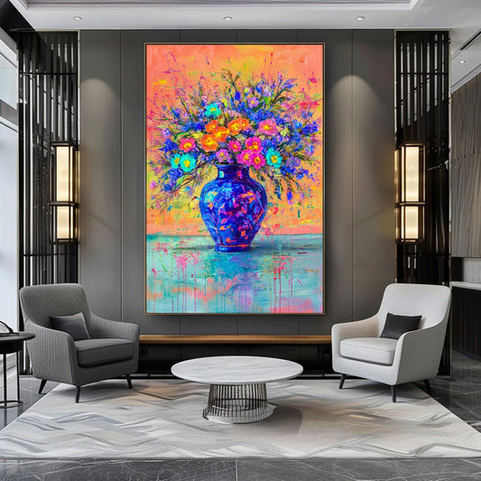Colorful Floral Painting Blue Vase Abstract Wall Art