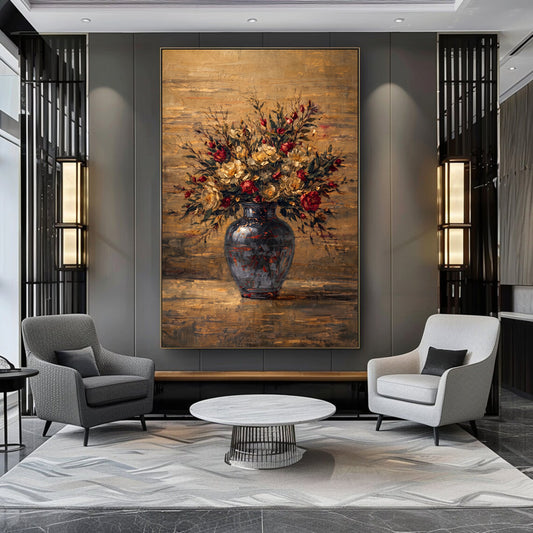 Moody Floral Painting Dark Vase Autumn Abstract Wall Art