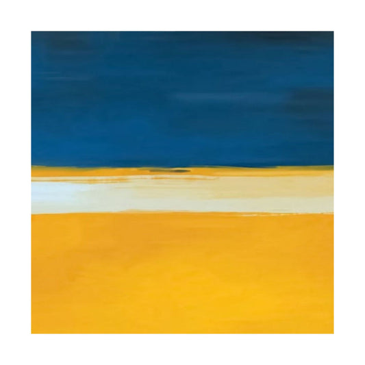 Hand-painted canvas showing a deep blue upper field above golden yellow and ivory.