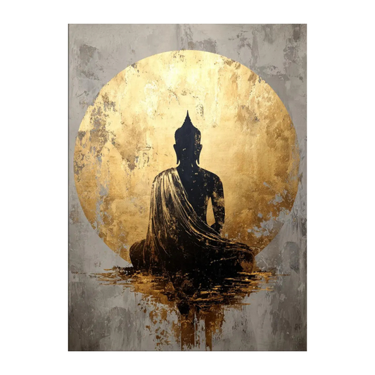 Full view of a black meditating Buddha, gold halo and textured grey background.