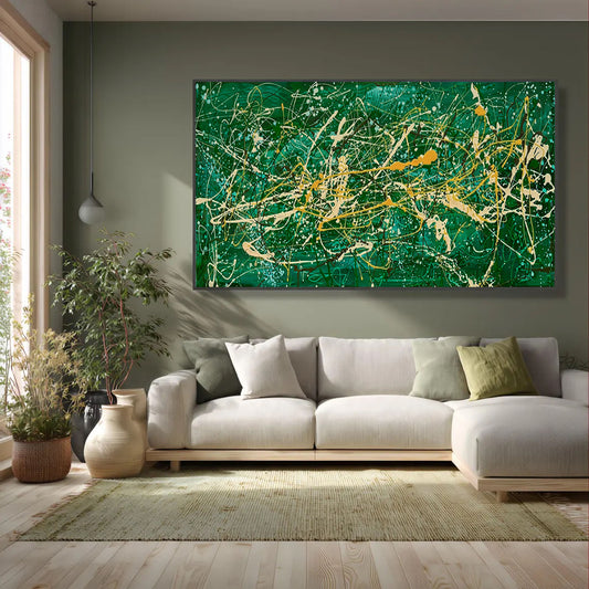 Large Pollock Inspired Green Abstract Painting | Hand Painted Wall Art