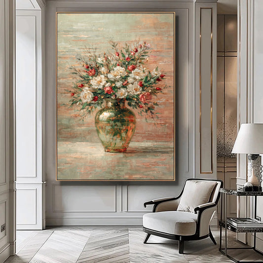 Green Glass Vase Floral Painting White & Red Luxury Wall Art