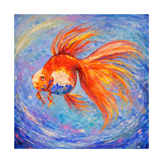 Abstract Goldfish Painting – Hand-Painted Blue Canvas Art