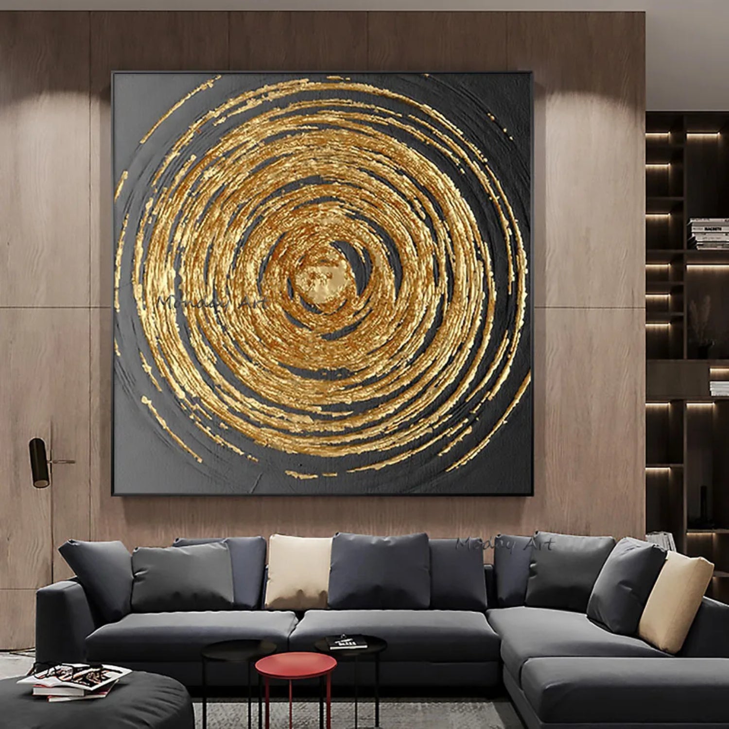 Large outlets Gold Leaf Oil Painting on Canvas, Abstract Original Minimalist Golden Circle Texture Acrylic Painting Living Room Wall Art Home Decor