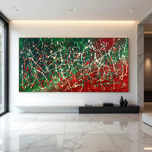 Large Pollock Inspired Italian Flag Wall Art | Hand Painted Abstract Canvas