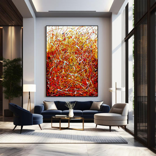 Modern living room with abstract painting, sofa, and chairs.