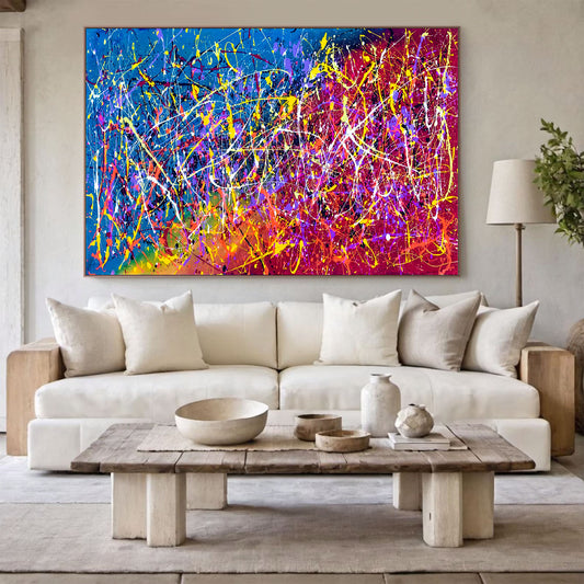 Large Pollock Inspired Neon Abstract Painting | Hand Painted Canvas Art
