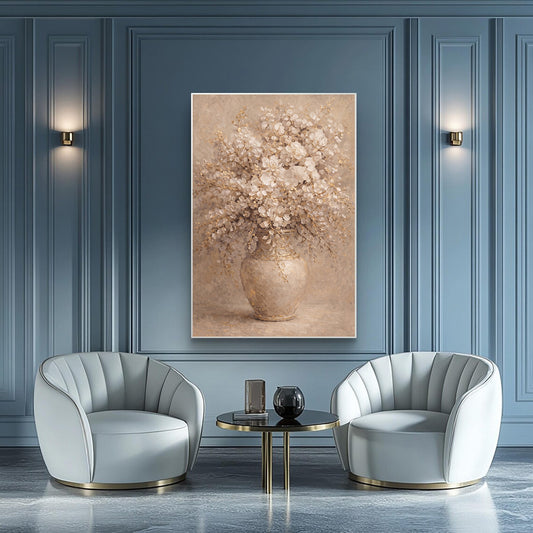Neutral Floral Vase Painting with Gold Textured Art