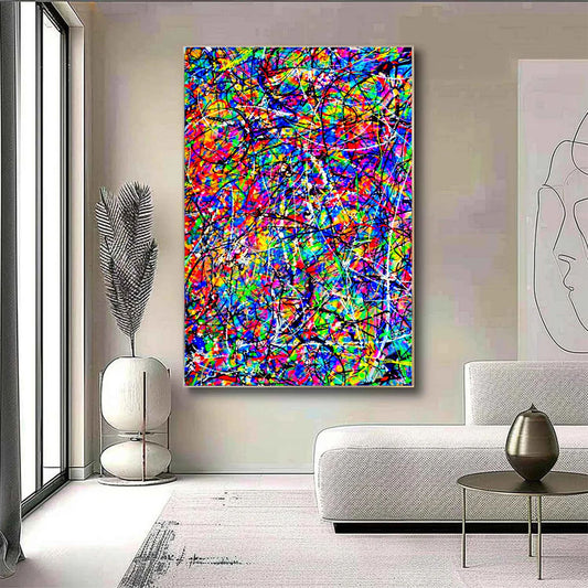 Vibrant neon multicolour abstract drip painting with energetic splashes and layered lines in Pollock-inspired style on canvas