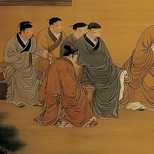 Hand-painted canvas featuring robed scholars gathered beneath pine trees against a warm ochre background.