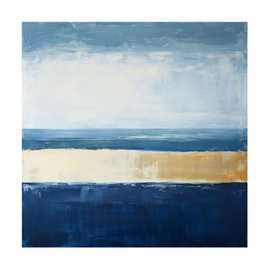 Hand-painted canvas showing sky blue, deep blue and sand beige in a coastal horizon.