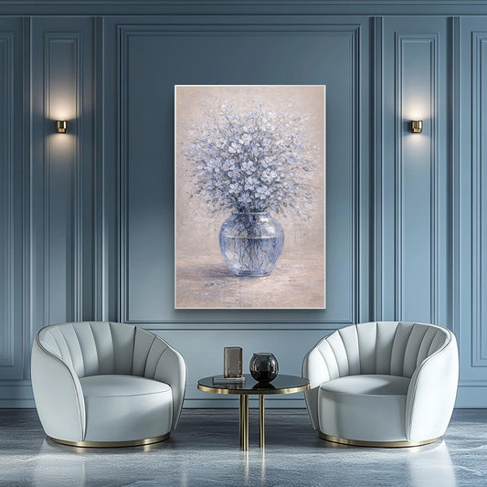 Soft Blue Floral Glass Vase Painting Gold Detail Art