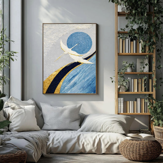 Living room with a abstract painting on the wall, bookshelf, and plants.