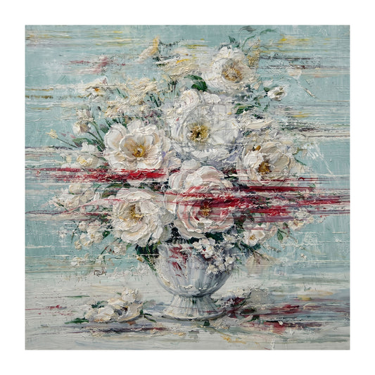 Close-up of hand-painted white floral abstract artwork showing thick impasto texture, layered brushstrokes and gold accents