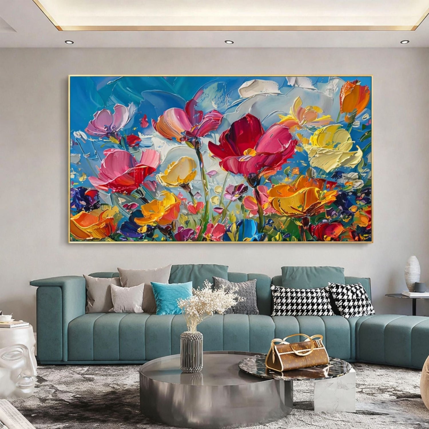 Sophisticated interior with white panel walls showcasing a vibrant abstract floral painting in a golden frame, featuring bold brushstrokes in shades of pink, coral, peach, cream, and deep navy blue.