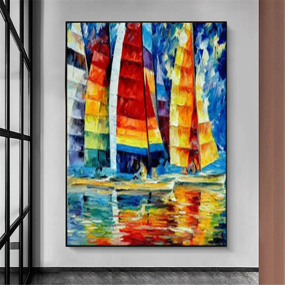 Rainbow Colour Sea Sailing Boat Textured Painting