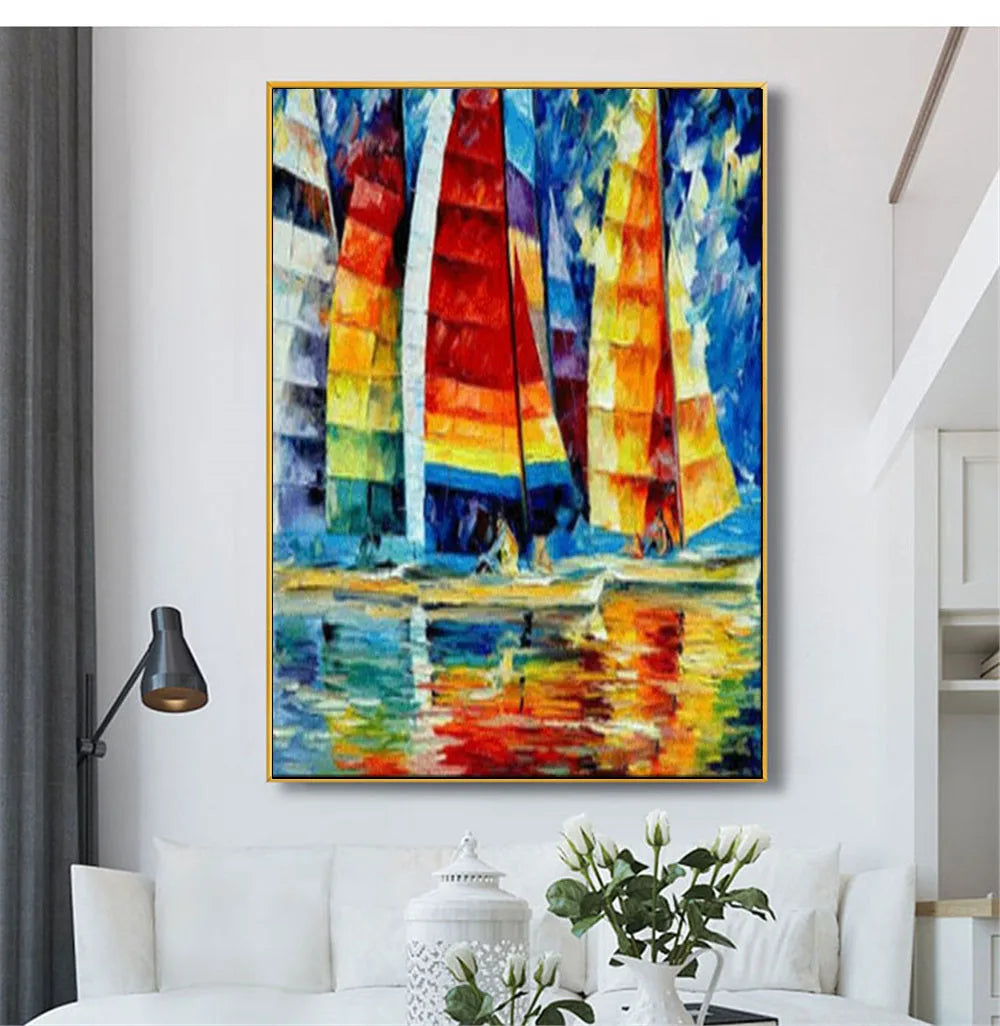 Rainbow Colour Sea Sailing Boat Textured Painting