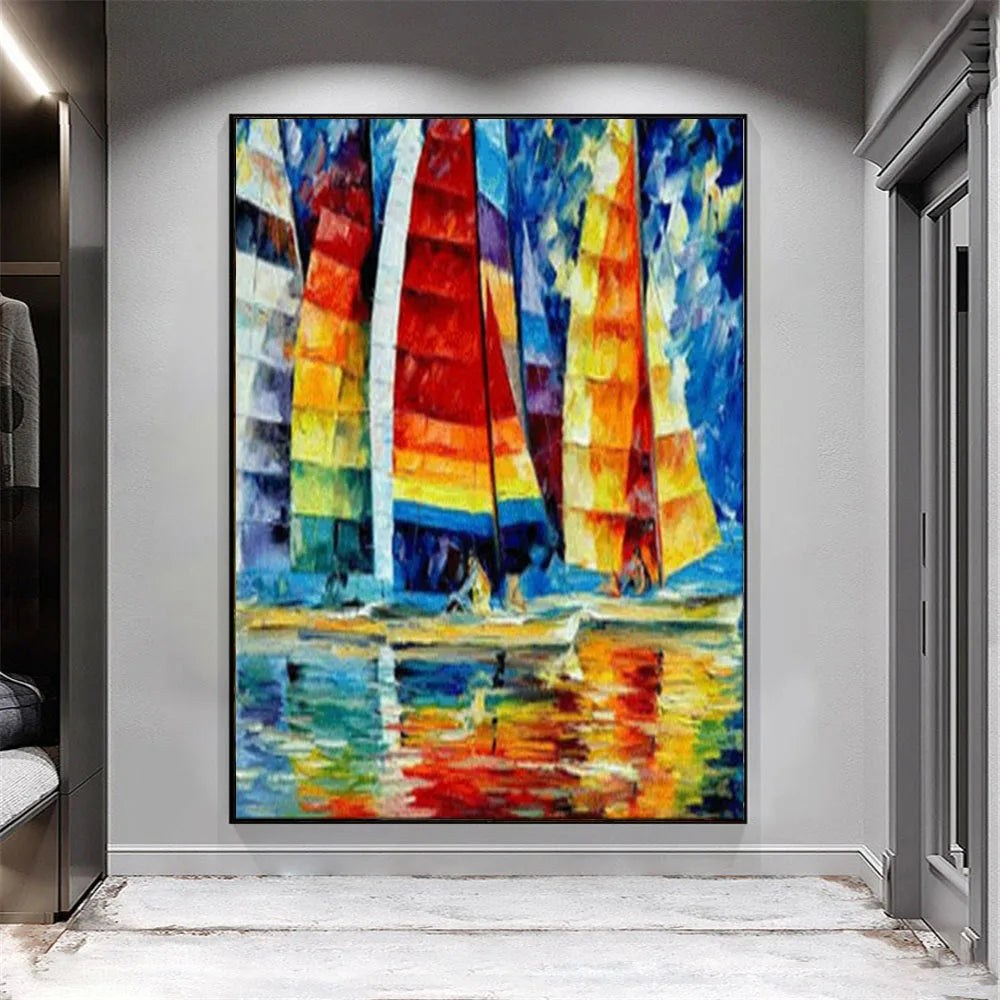 Rainbow Colour Sea Sailing Boat Textured Painting