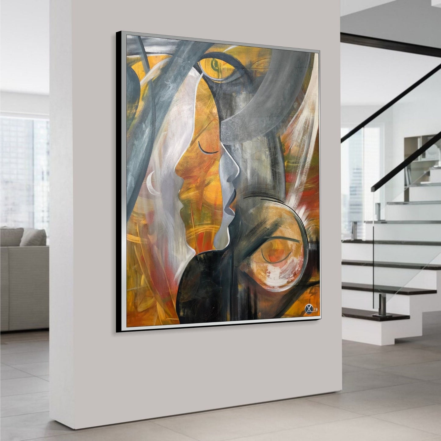 Abstract Harmony in Silhouette – Hand-Painted Yellow & Grey Canvas Art