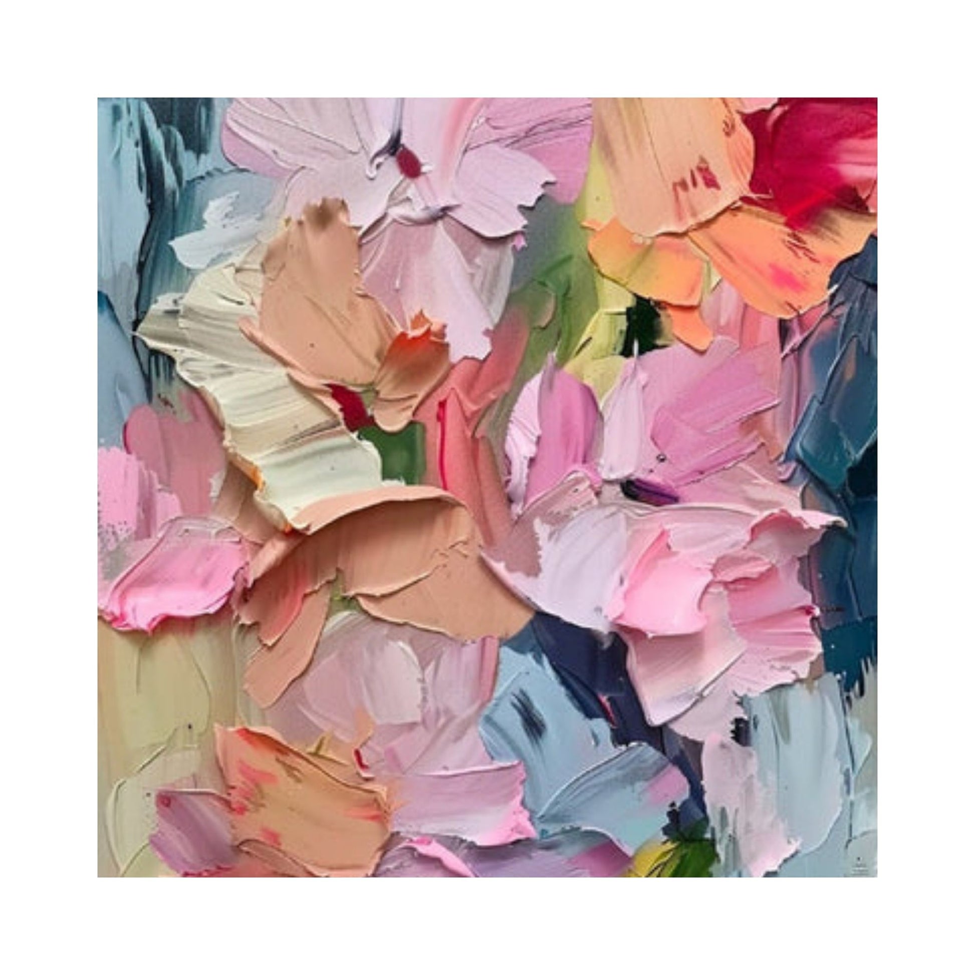 3D hand-painted abstract floral wall art with textured pink, coral, and blue blossoms