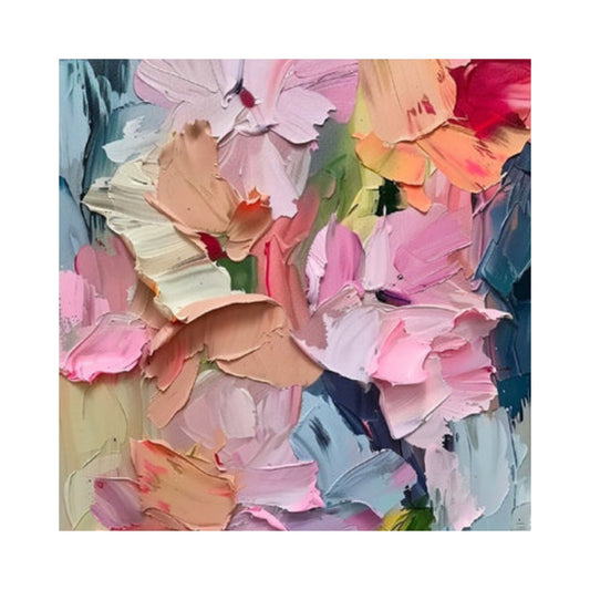 3D hand-painted abstract floral wall art with textured pink, coral, and blue blossoms