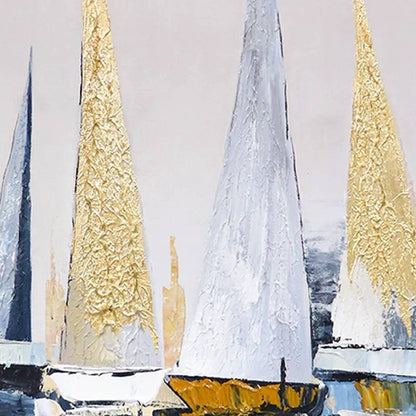 3D Gold Foil Textured Sea Sailboats Canvas Artwork